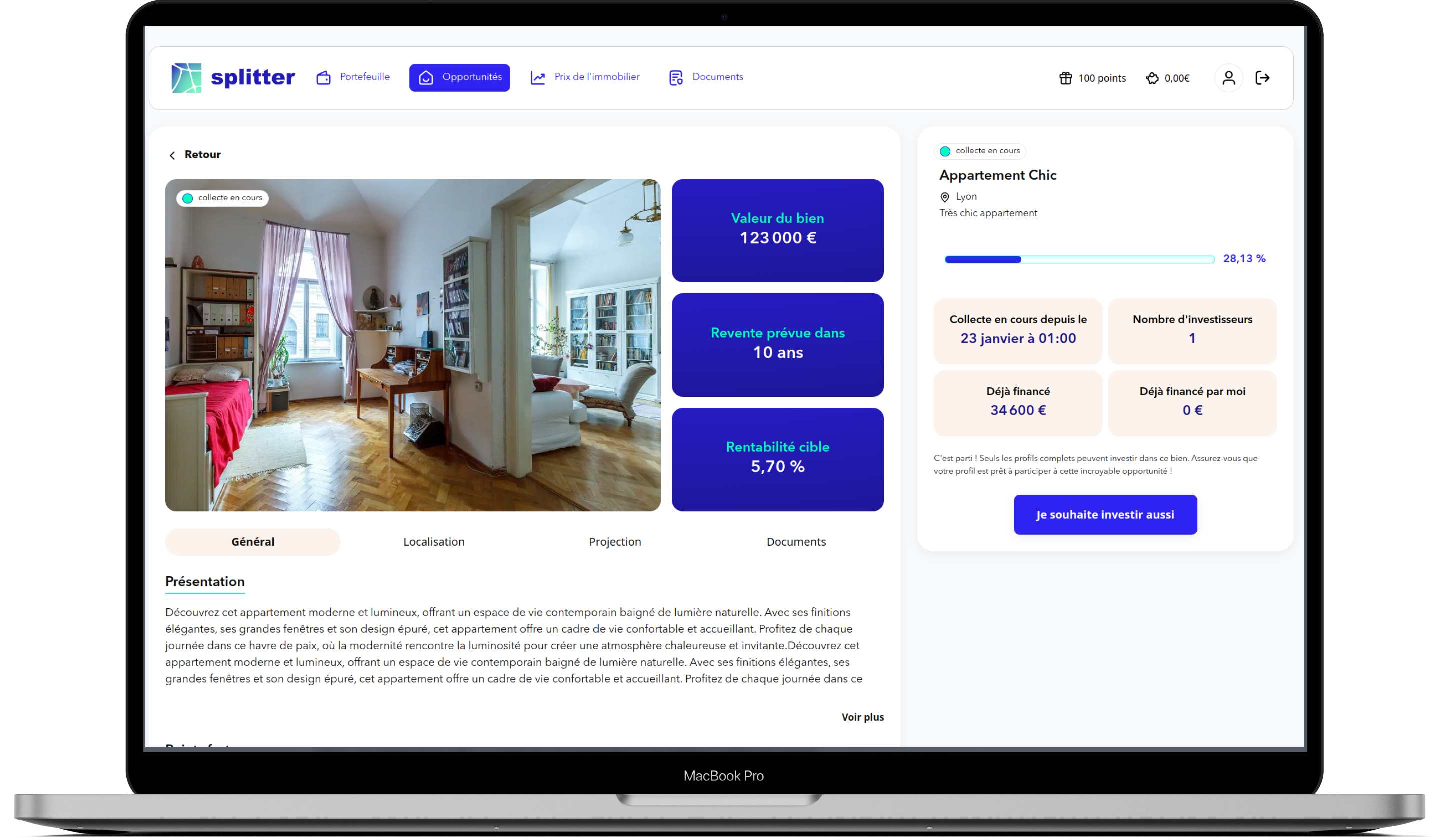 Interface présentant la liste des biens